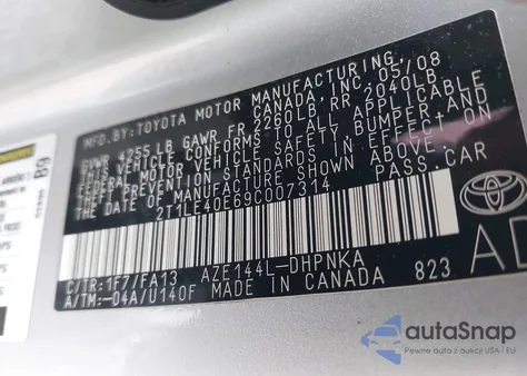 2009 Toyota Matrix S z USA, uszkodzony, nr VIN 2T1LE40E69C007314